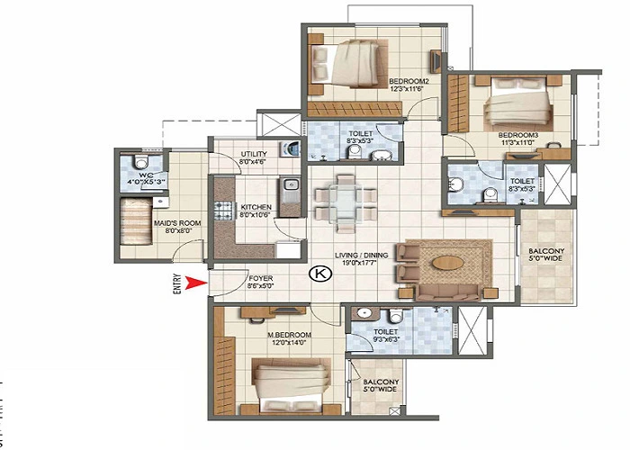 Prestige Gulmohar 2.5 BHK Floor Plan